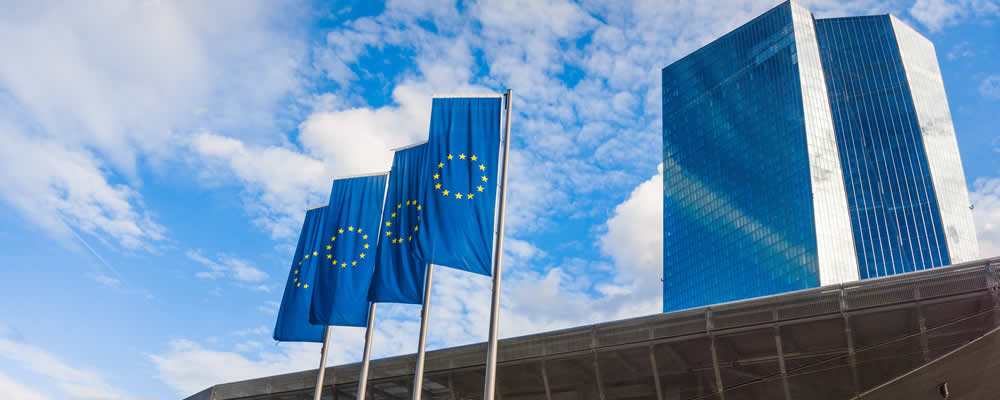EU banners flying in front of ECB headquarters